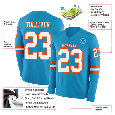 Custom Panther Blue White-Orange Long Sleeve Authentic Football Jersey