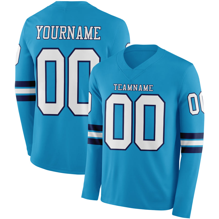 Custom Panther Blue White-Navy Long Sleeve Authentic Football Jersey