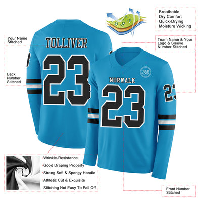 Custom Panther Blue Black-White Long Sleeve Authentic Football Jersey