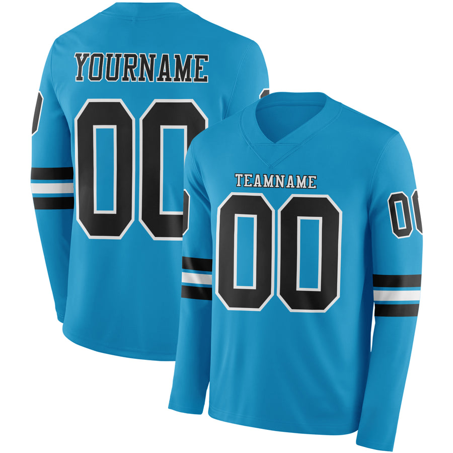 Custom Panther Blue Black-White Long Sleeve Authentic Football Jersey