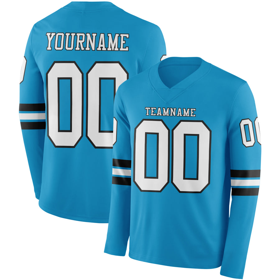 Custom Panther Blue White-Black Long Sleeve Authentic Football Jersey