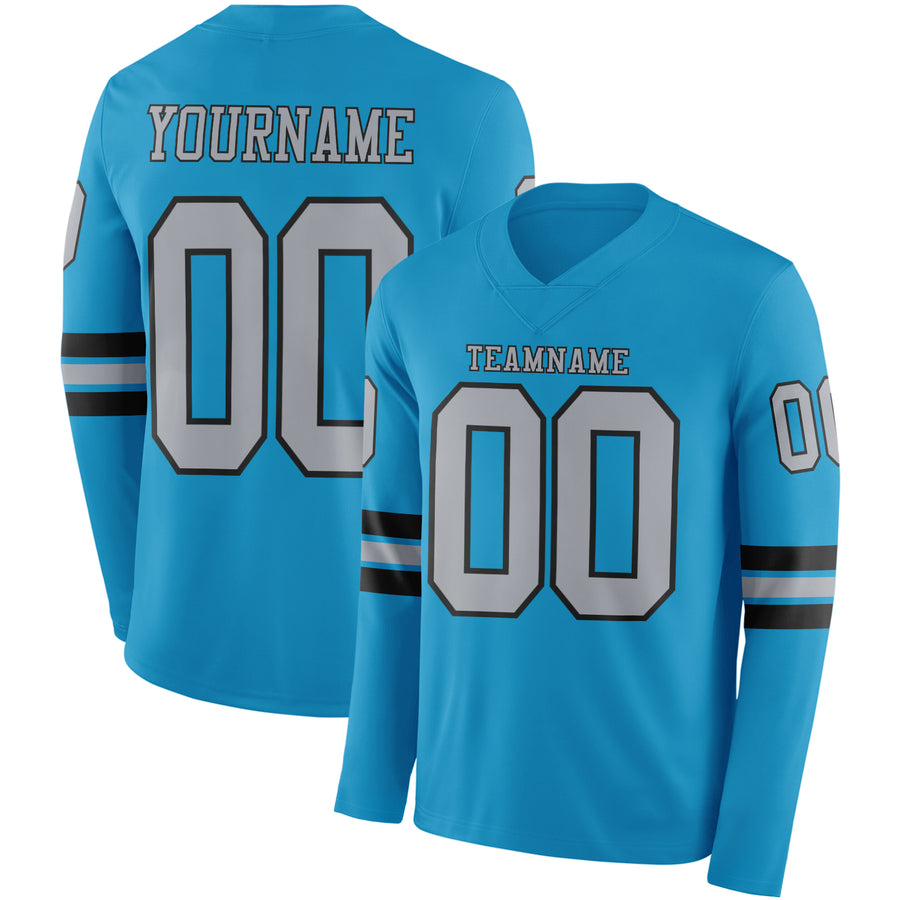 Custom Panther Blue Gray-Black Long Sleeve Authentic Football Jersey