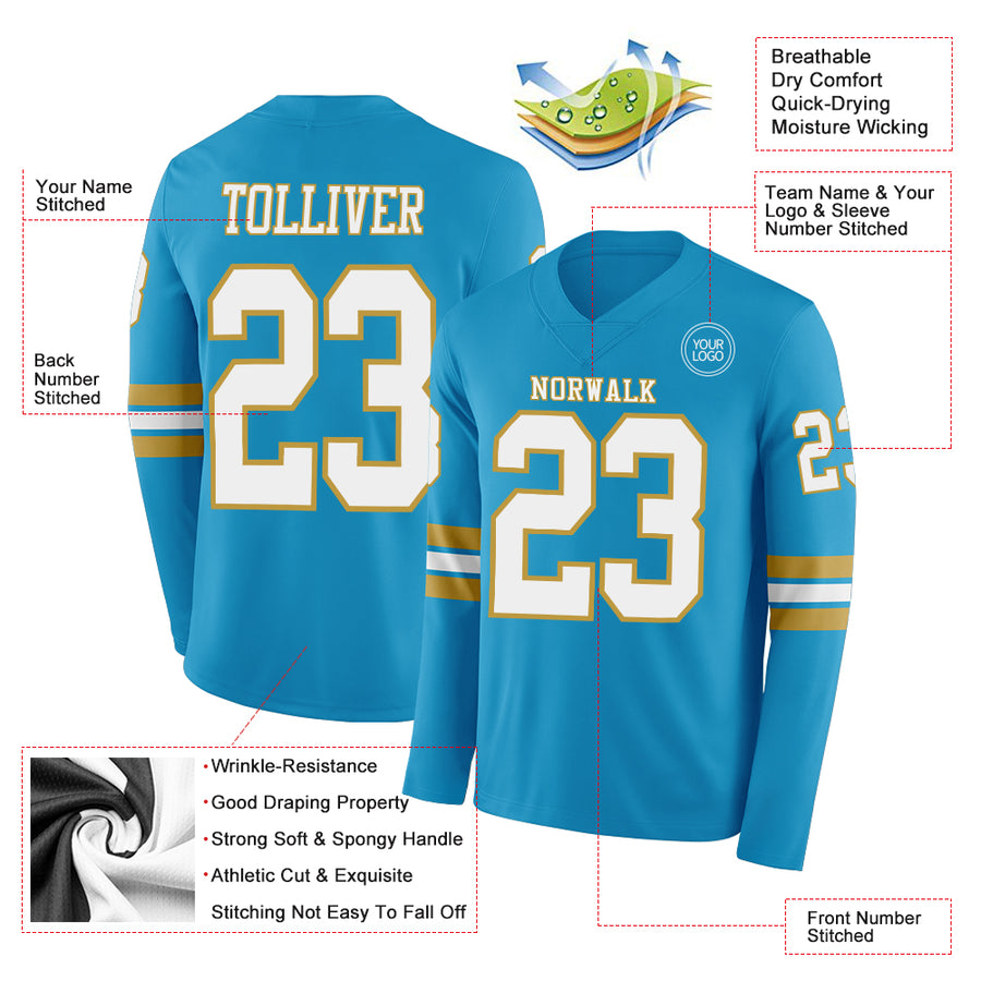 Custom Panther Blue White-Old Gold Long Sleeve Authentic Football Jersey