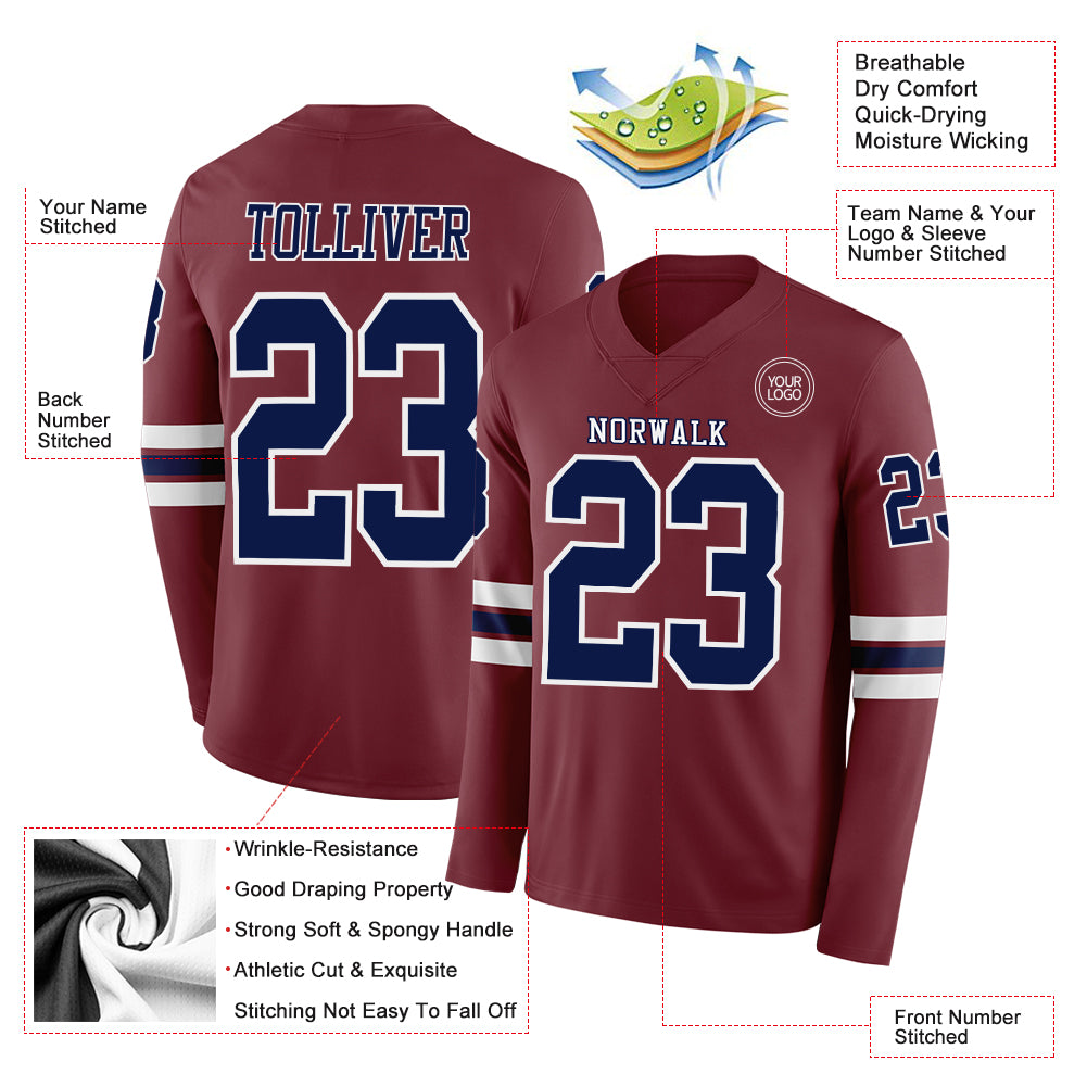 Custom Burgundy Navy-White Long Sleeve Authentic Football Jersey