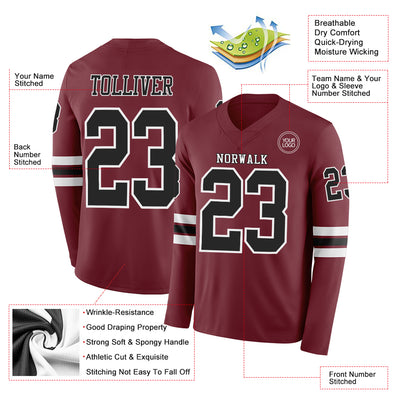 Custom Burgundy Black-White Long Sleeve Authentic Football Jersey
