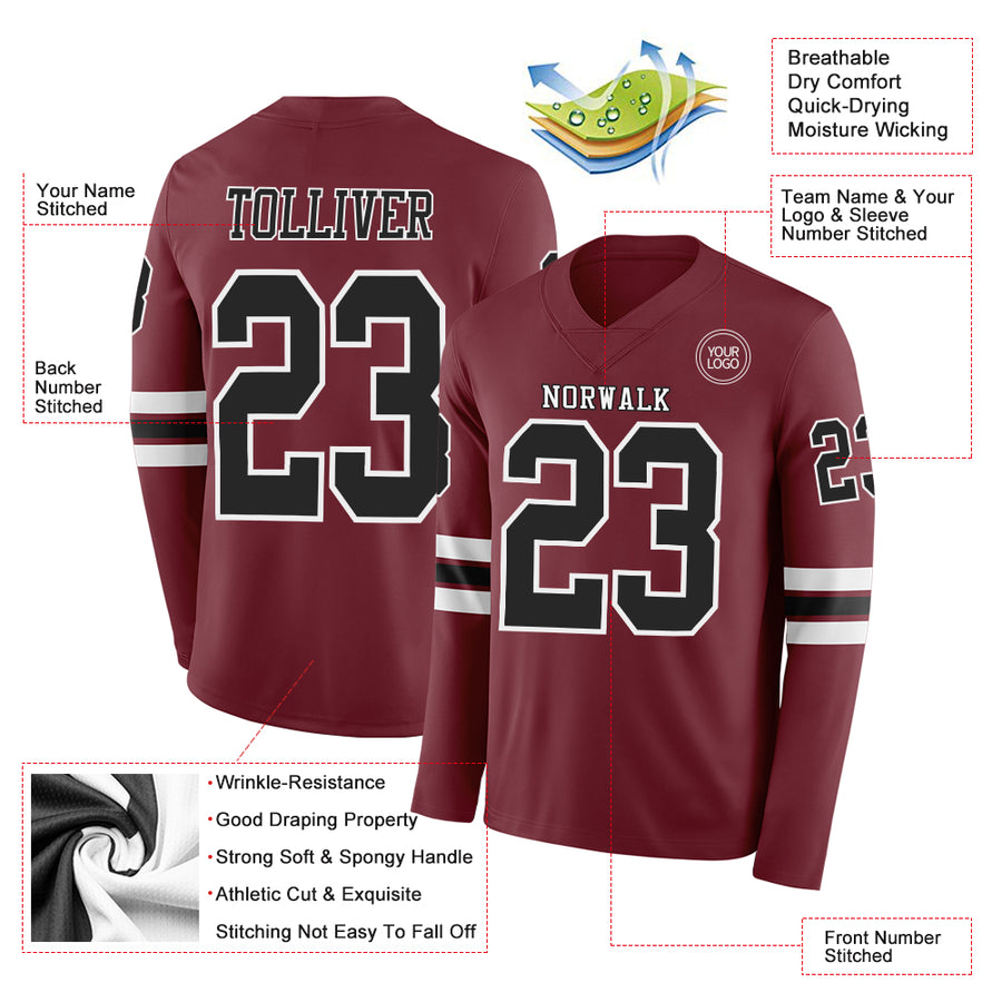 Custom Burgundy Black-White Long Sleeve Authentic Football Jersey