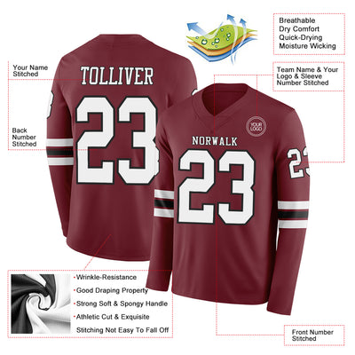 Custom Burgundy White-Black Long Sleeve Authentic Football Jersey