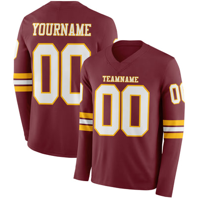 Custom Burgundy White-Gold Long Sleeve Authentic Football Jersey