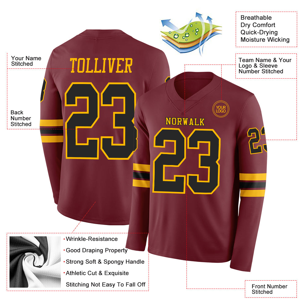 Custom Burgundy Black-Gold Long Sleeve Authentic Football Jersey