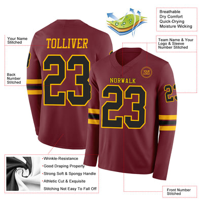 Custom Burgundy Black-Gold Long Sleeve Authentic Football Jersey