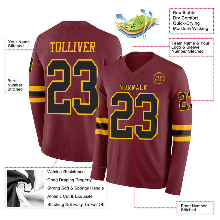 Custom Burgundy Black-Gold Long Sleeve Authentic Football Jersey