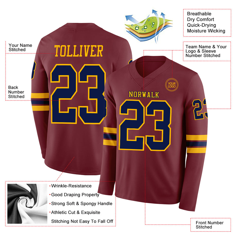 Custom Burgundy Navy-Gold Long Sleeve Authentic Football Jersey