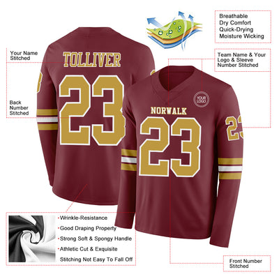 Custom Burgundy Old Gold-White Long Sleeve Authentic Football Jersey