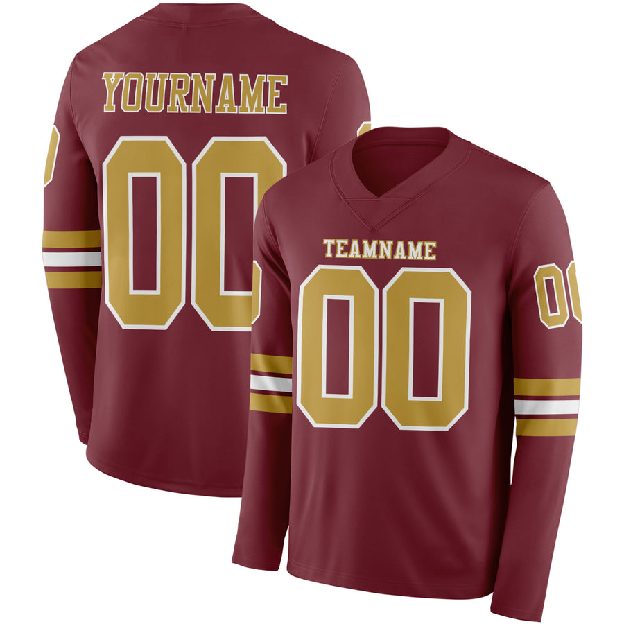 Custom Burgundy Old Gold-White Long Sleeve Authentic Football Jersey