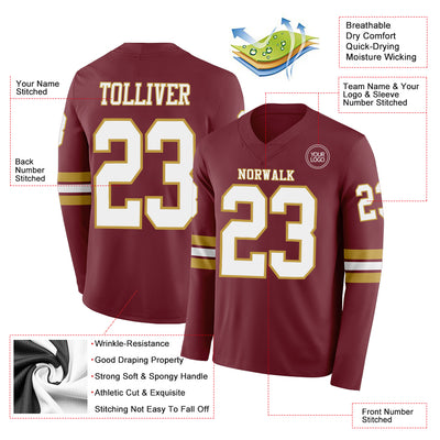 Custom Burgundy White-Old Gold Long Sleeve Authentic Football Jersey