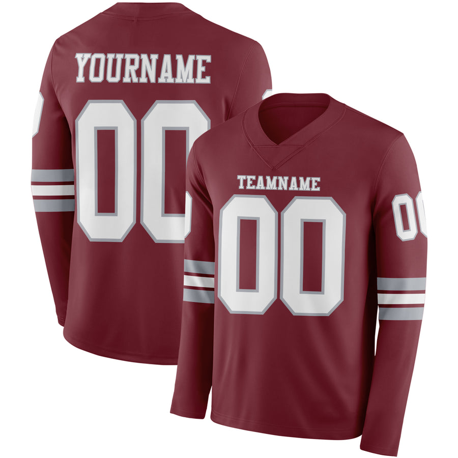 Custom Burgundy White-Gray Long Sleeve Authentic Football Jersey