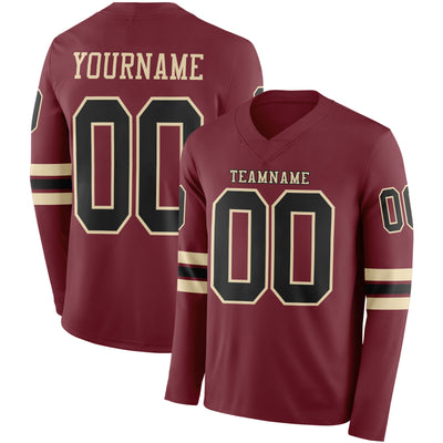 Custom Burgundy Black-Cream Long Sleeve Authentic Football Jersey