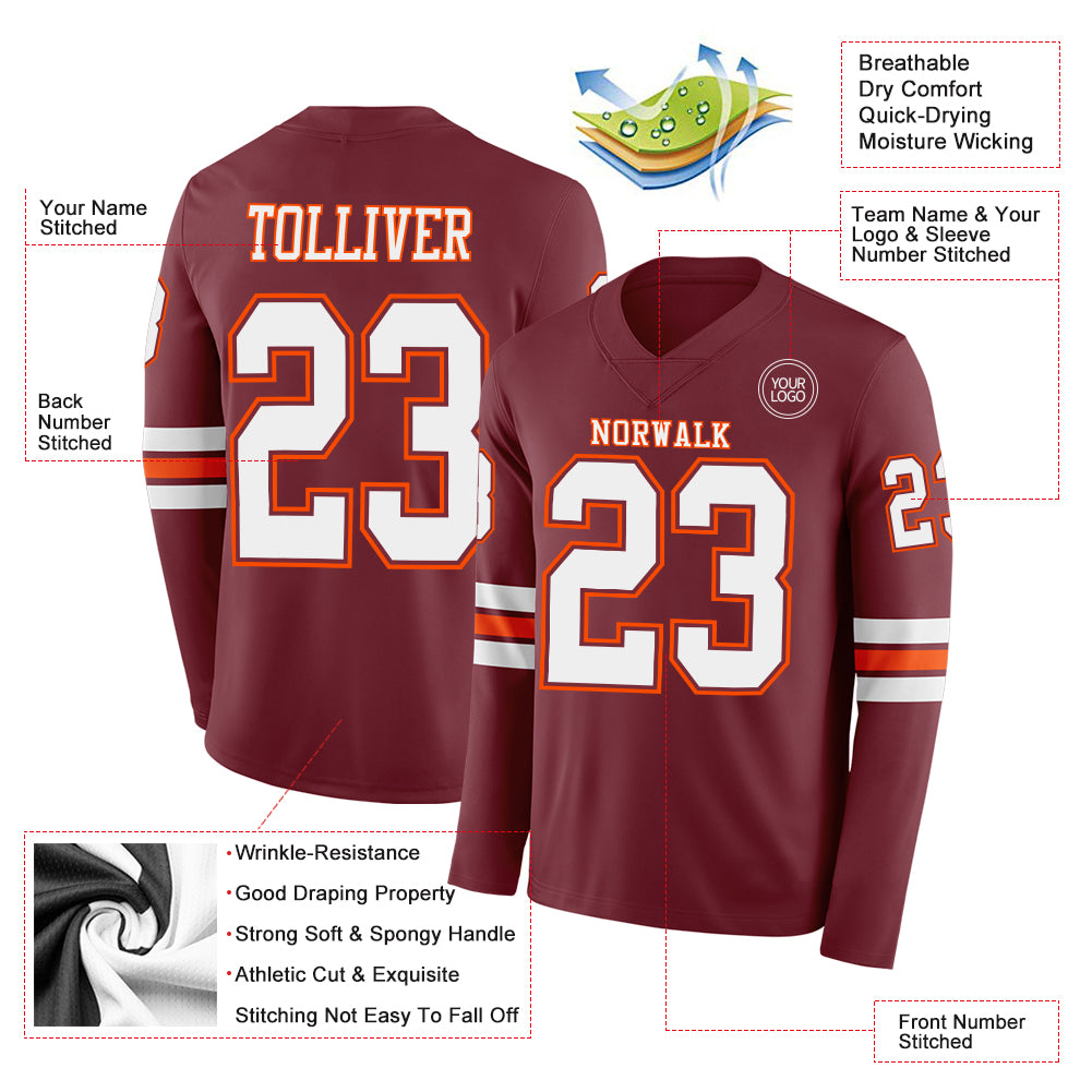 Custom Burgundy White-Orange Long Sleeve Authentic Football Jersey