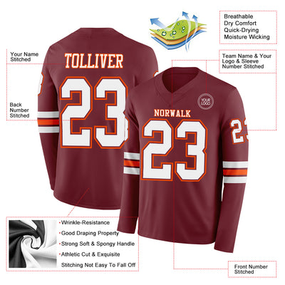 Custom Burgundy White-Orange Long Sleeve Authentic Football Jersey