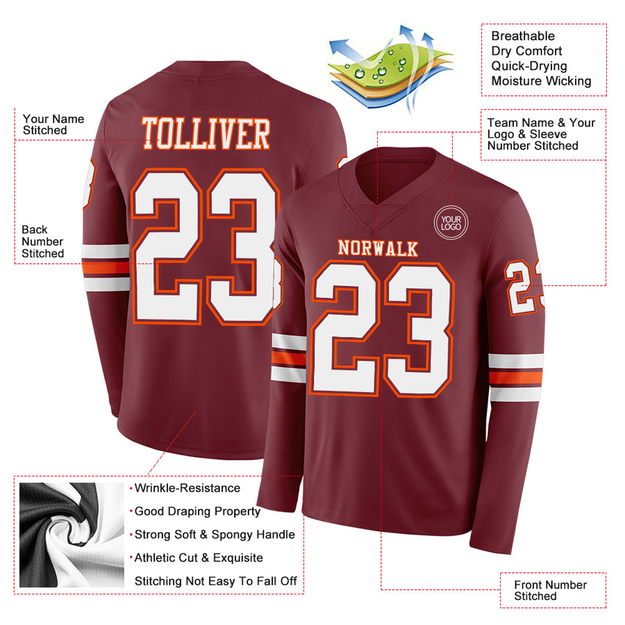 Custom Burgundy White-Orange Long Sleeve Authentic Football Jersey