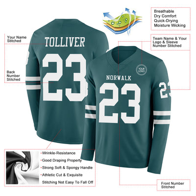Custom Midnight Green White Long Sleeve Authentic Football Jersey