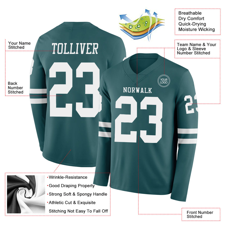 Custom Midnight Green White Long Sleeve Authentic Football Jersey