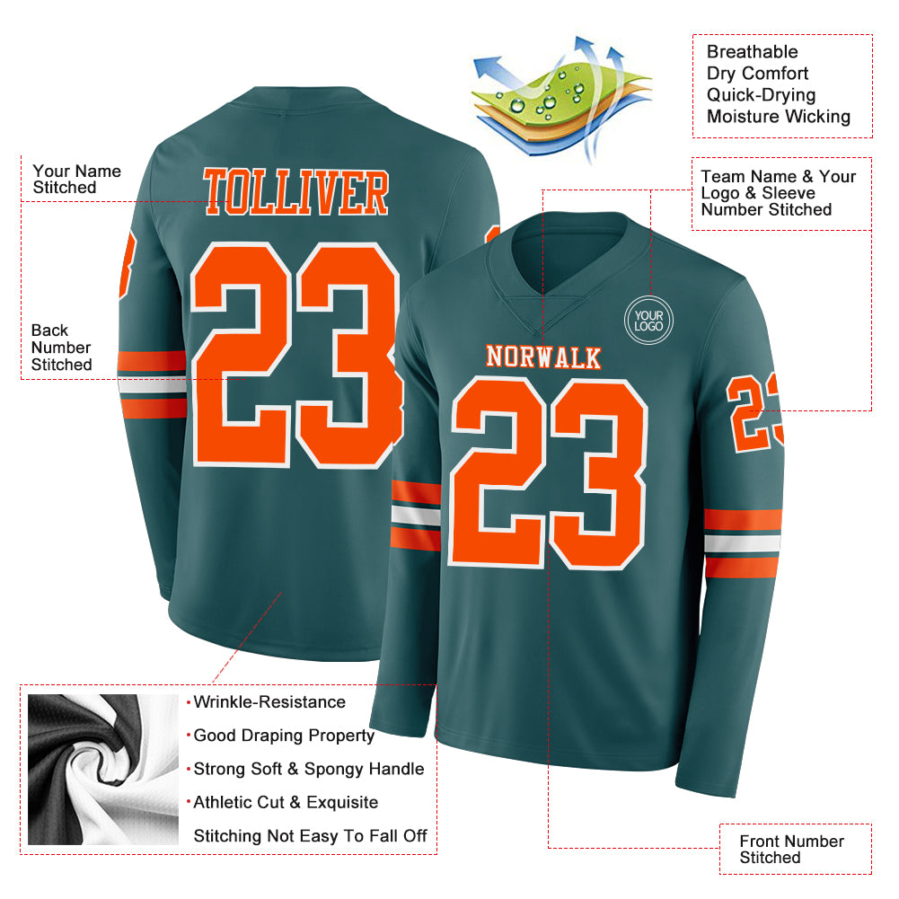 Custom Midnight Green Orange-White Long Sleeve Authentic Football Jersey