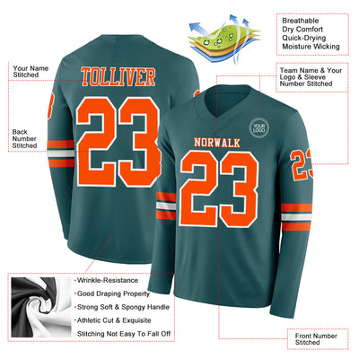 Custom Midnight Green Orange-White Long Sleeve Authentic Football Jersey