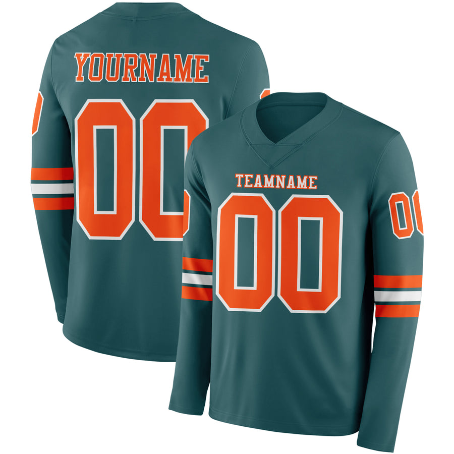 Custom Midnight Green Orange-White Long Sleeve Authentic Football Jersey