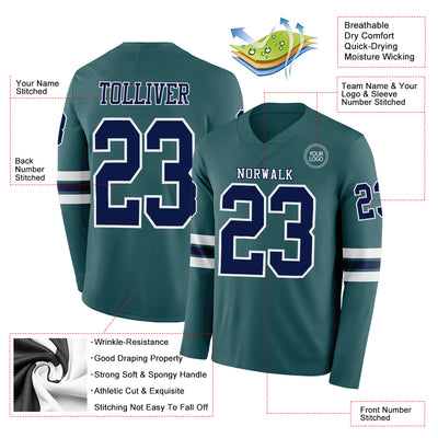 Custom Midnight Green Navy-White Long Sleeve Authentic Football Jersey