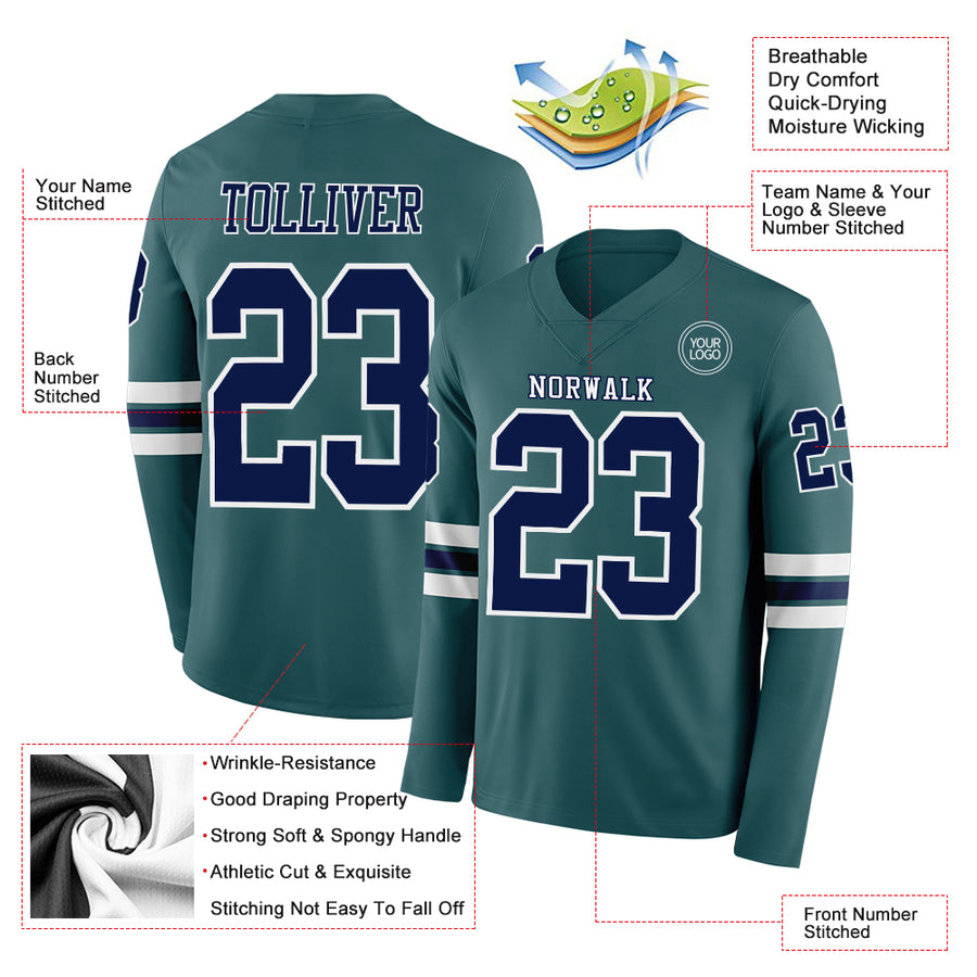 Custom Midnight Green Navy-White Long Sleeve Authentic Football Jersey