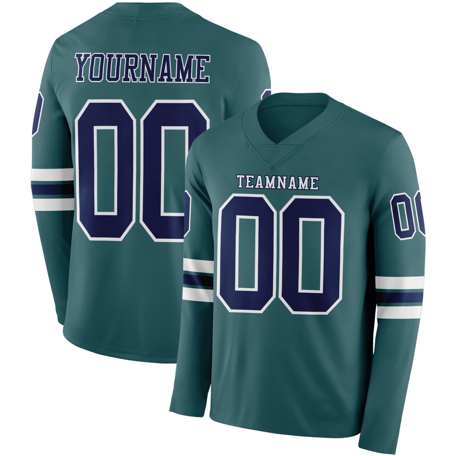 Custom Midnight Green Navy-White Long Sleeve Authentic Football Jersey