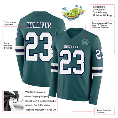 Custom Midnight Green White-Navy-White Long Sleeve Authentic Football Jersey
