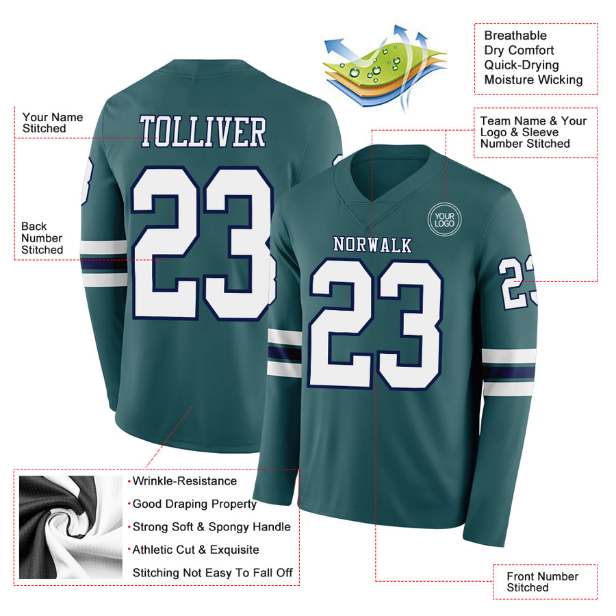 Custom Midnight Green White-Navy-White Long Sleeve Authentic Football Jersey