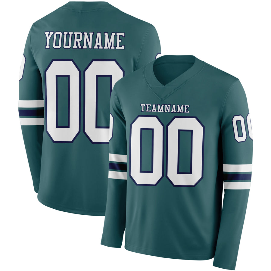 Custom Midnight Green White-Navy-White Long Sleeve Authentic Football Jersey