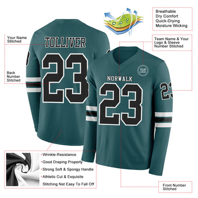 Custom Midnight Green Black-White Long Sleeve Authentic Football Jersey