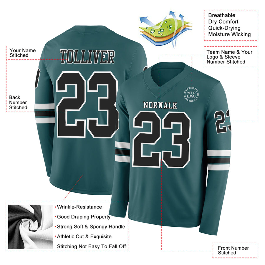 Custom Midnight Green Black-White Long Sleeve Authentic Football Jersey