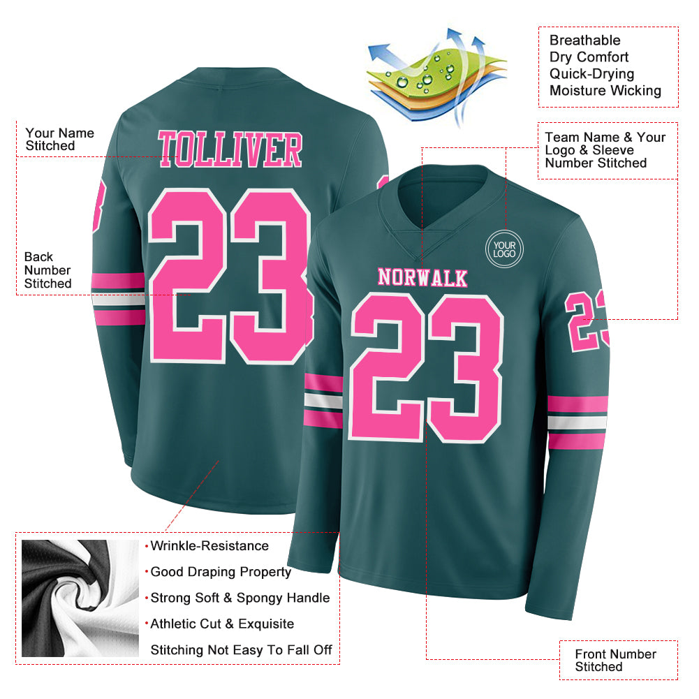Custom Midnight Green Pink-White Long Sleeve Authentic Football Jersey