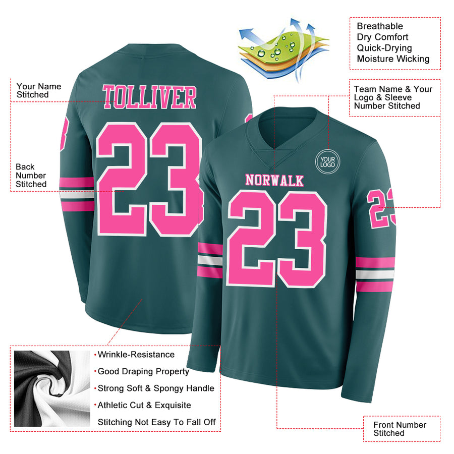 Custom Midnight Green Pink-White Long Sleeve Authentic Football Jersey
