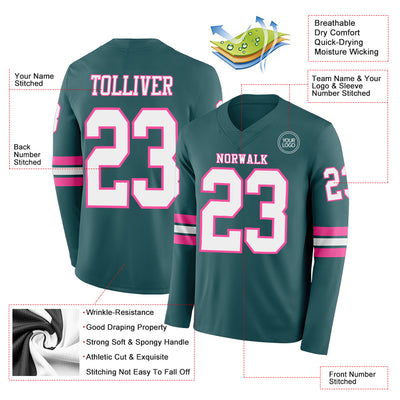Custom Midnight Green White-Pink Long Sleeve Authentic Football Jersey