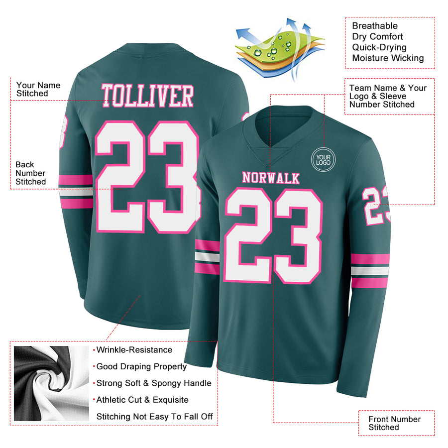 Custom Midnight Green White-Pink Long Sleeve Authentic Football Jersey