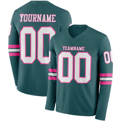Custom Midnight Green White-Pink Long Sleeve Authentic Football Jersey