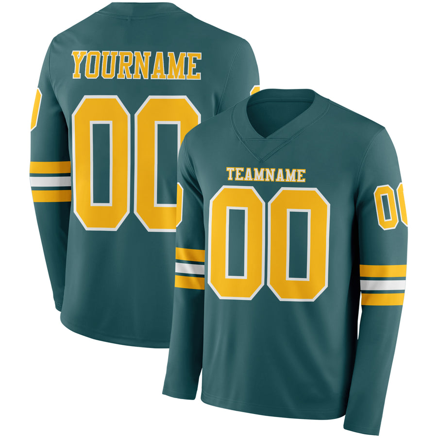 Custom Midnight Green Gold-White Long Sleeve Authentic Football Jersey