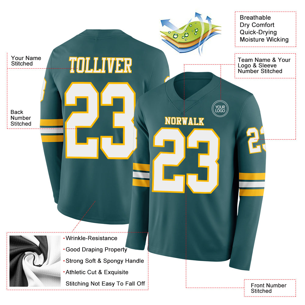 Custom Midnight Green White-Gold Long Sleeve Authentic Football Jersey