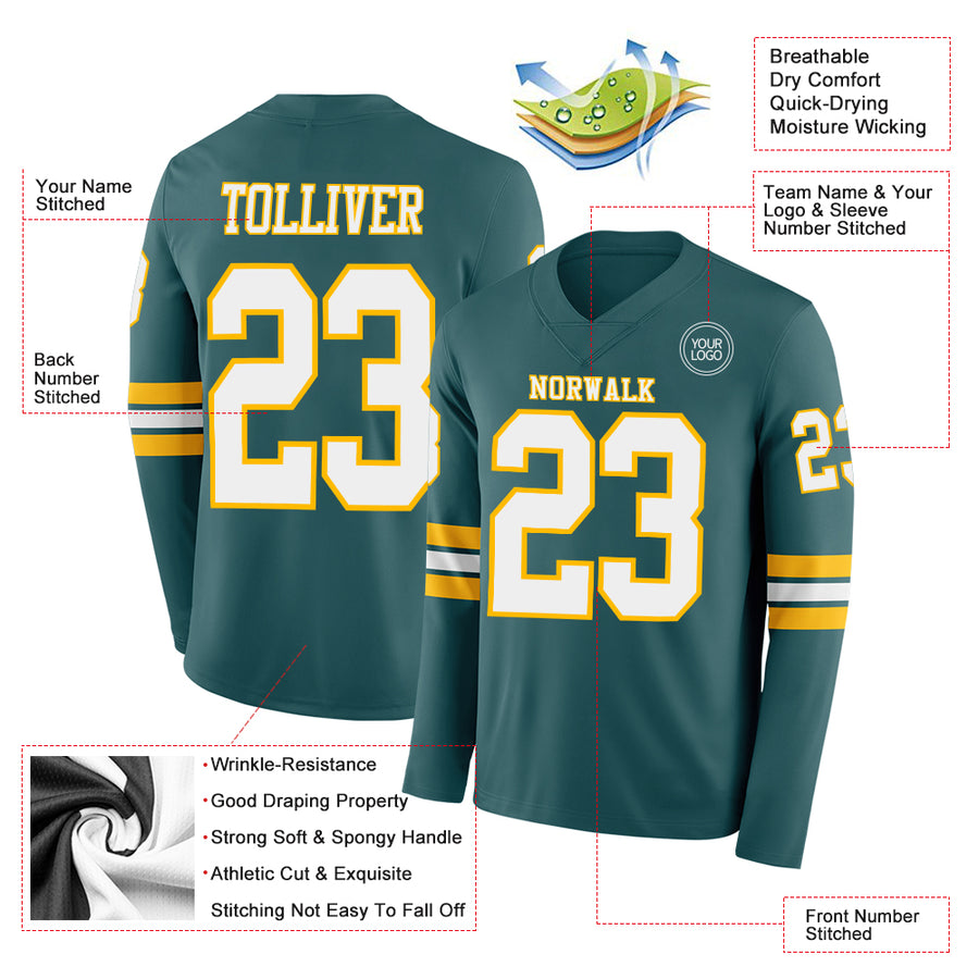 Custom Midnight Green White-Gold Long Sleeve Authentic Football Jersey