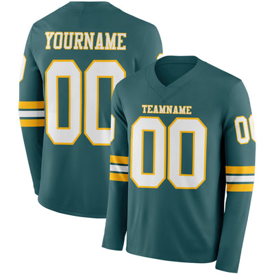 Custom Midnight Green White-Gold Long Sleeve Authentic Football Jersey