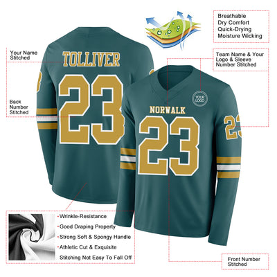 Custom Midnight Green Old Gold-White Long Sleeve Authentic Football Jersey