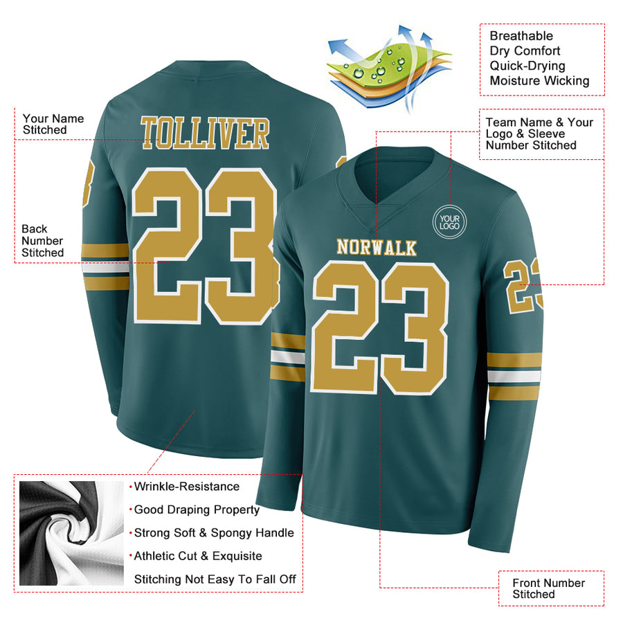 Custom Midnight Green Old Gold-White Long Sleeve Authentic Football Jersey
