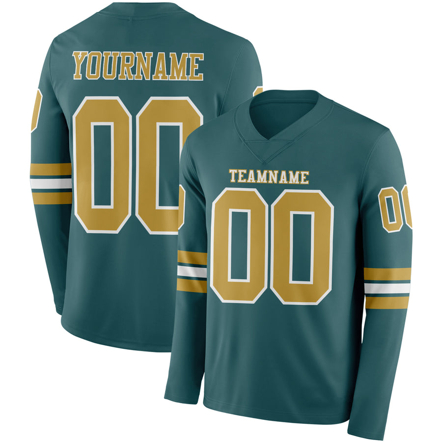 Custom Midnight Green Old Gold-White Long Sleeve Authentic Football Jersey