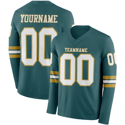 Custom Midnight Green White-Old Gold Long Sleeve Authentic Football Jersey
